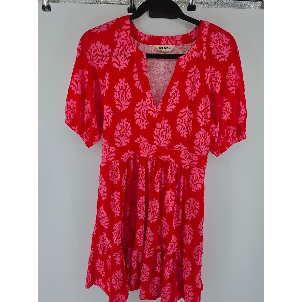 Boden Piper Short Jersey Dress Red Pink Floral V-Neck Tiered Mini D1281 US 6R